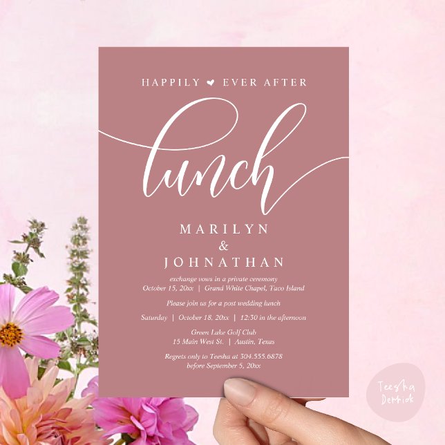 Happily Ever After Lunch, Post Wedding Invitation (Happily Ever After Lunch, Wedding Party Invitation Card PDF Modern Beautiful Dusty Rose Pink)