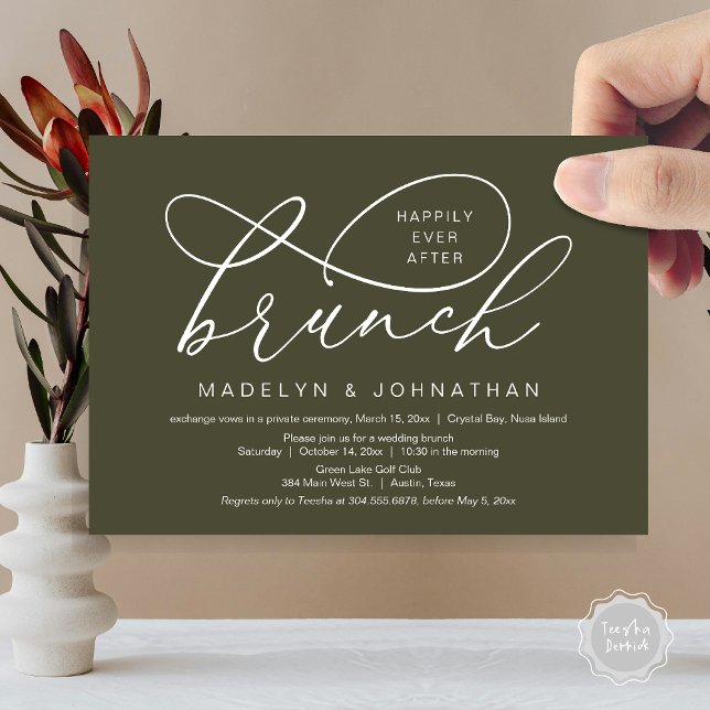 Happily Ever After Lunch, Wedding Elopement Invitation (Happily Ever After Brunch, Wedding Elopement Party Invitation Card, PDF, Classy, Olive Green)