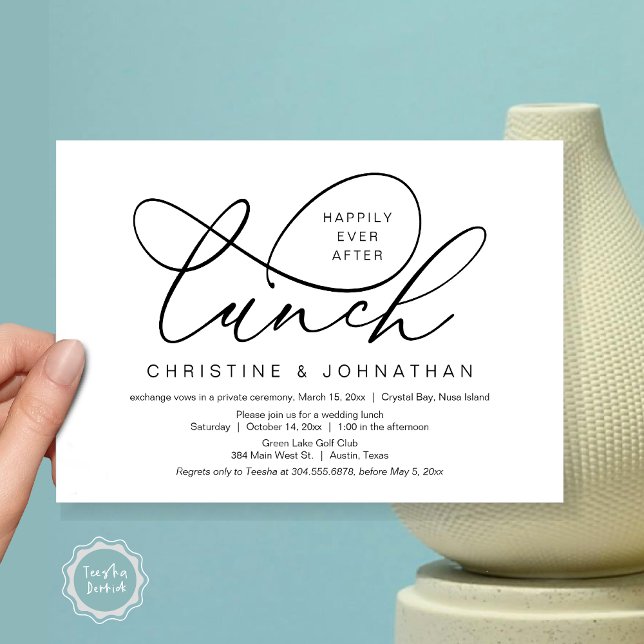 Happily Ever After Lunch, Wedding Elopement Invitation (Happily Ever After Lunch, Wedding Elopement Invitation Card, PDF, Classy Script, Black and White)