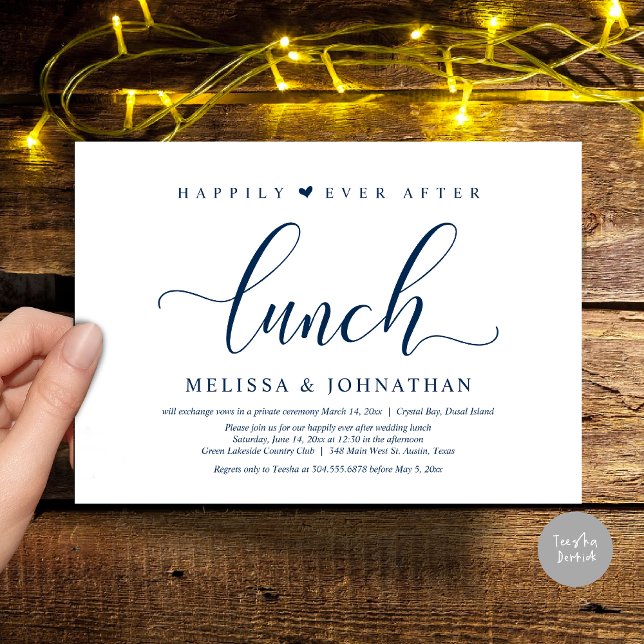 Happily Ever After Lunch, Wedding Elopement party Invitation (Happily Ever After Lunch Invitation Card, PDF, Modern Classy Script, in Navy Blue)