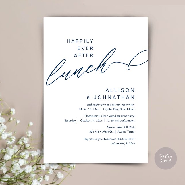 Happily Ever After Lunch, Wedding Navy Blue Invitation (Happily Ever After Lunch, Wedding Elopement Invitation Card, PDF, Modern Classy, in Navy Blue)