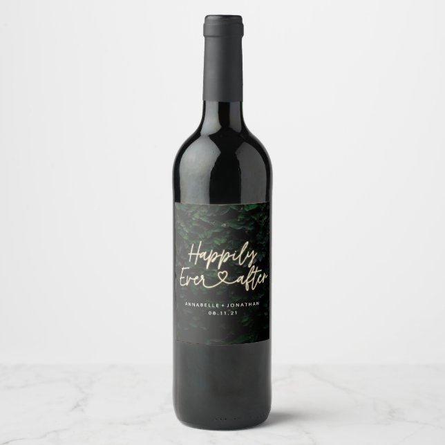 Happily ever after modern foliage wedding party ta wine label (Front)