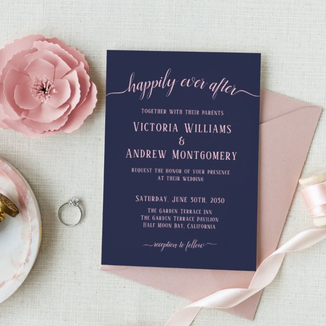 Happily Ever After Modern Pink Script Navy Wedding Invitation (Creator Uploaded)