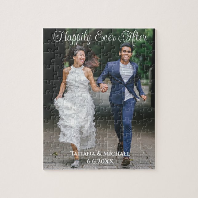 Happily ever after, modern script photo wedding jigsaw puzzle (Vertical)