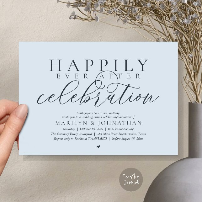 Happily Ever After Modern Wedding Celebration Invitation (Happily Ever After Modern Wedding Celebration Dinner Brunch, Lunch, Invites Card in Misty Blue)