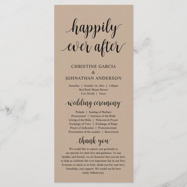 Happily ever after, Modern Wedding Ceremony, Kraft Program (Front)
