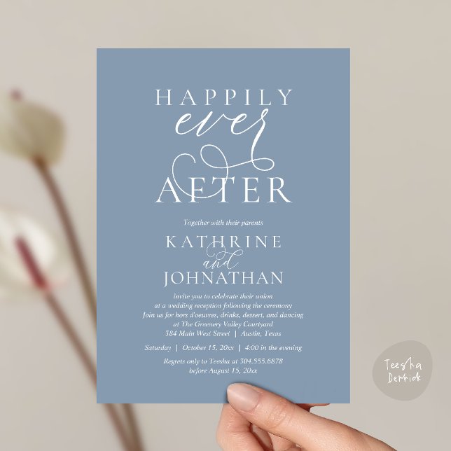 Happily Ever After, Modern Wedding Reception Invitation (Happily Ever After, Modern Wedding Reception hors d'oeuvres Drinks Dancing Invites Card Dusty Blue)
