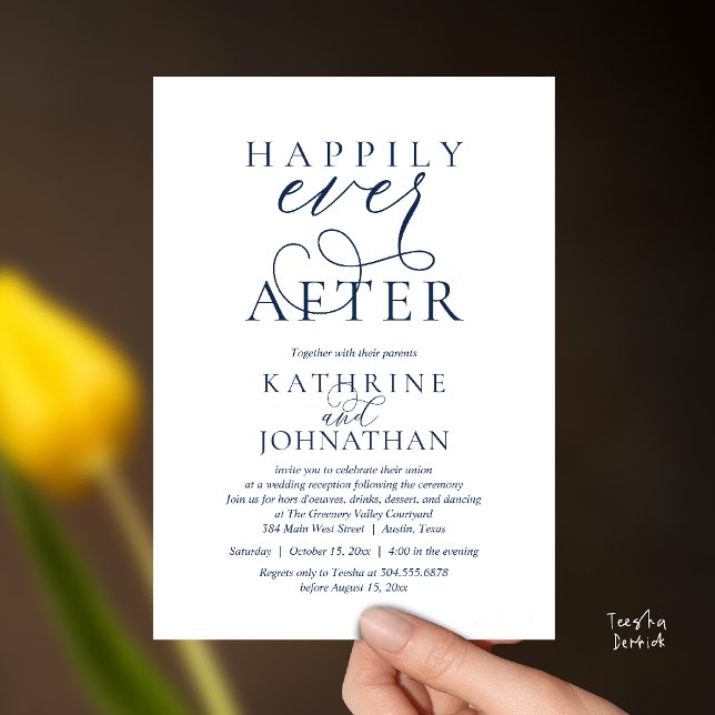 Happily Ever After, Modern Wedding Reception Invitation (Happily Ever After, Modern Wedding Reception Drinks Dessert Dancing Invitation Card in Navy Blue)