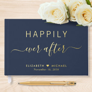 Happily Ever After Navy Blue Wedding Guest Book