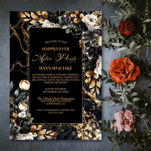 Happily Ever After Party Black Gold Floral Wedding Invitation (Creator Uploaded)
