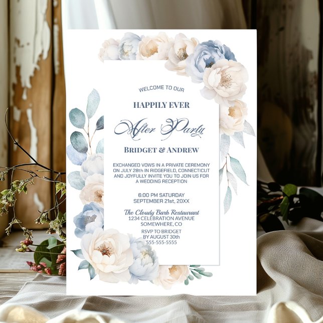 Happily Ever After Party Blue Floral Reception Invitation (Creator Uploaded)