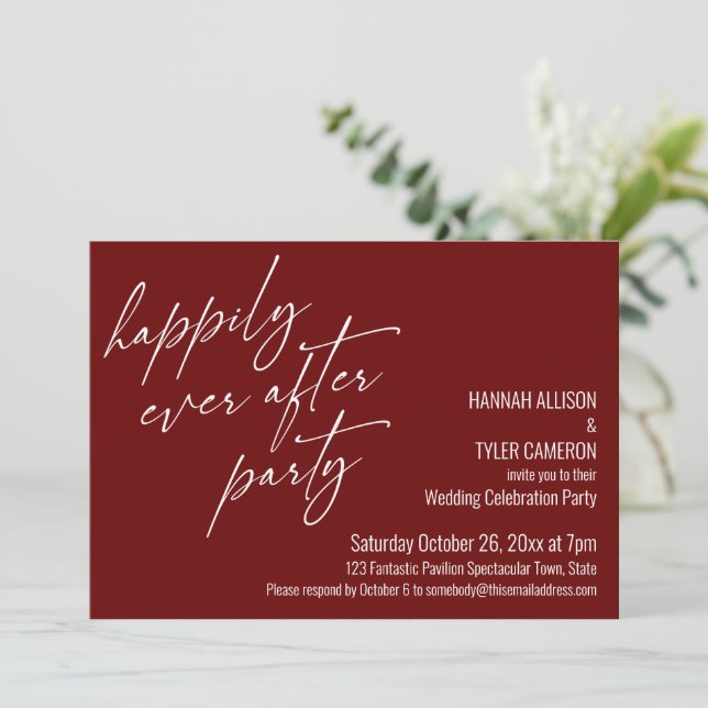 Happily Ever After Party Burgundy Reception Invitation (Standing Front)