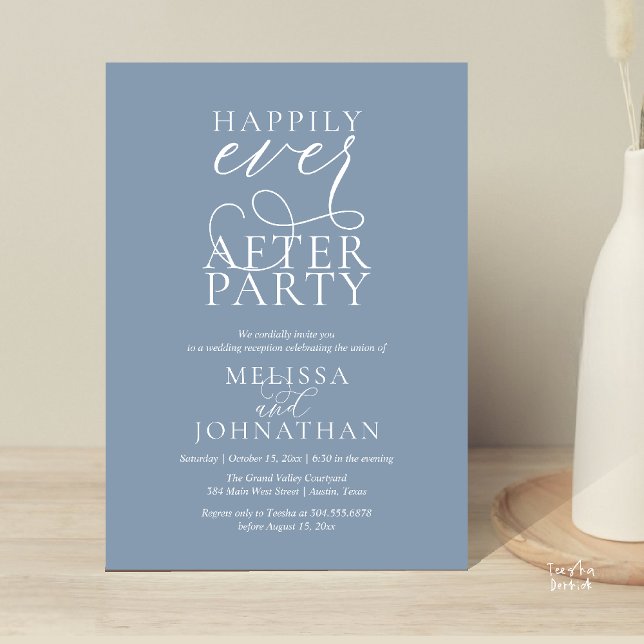 Happily Ever After Party, Classy Wedding Reception Invitation (Happily Ever After Party, Classy Wedding Reception Modern Dinner Invitation Card PDF Dusty Blue)