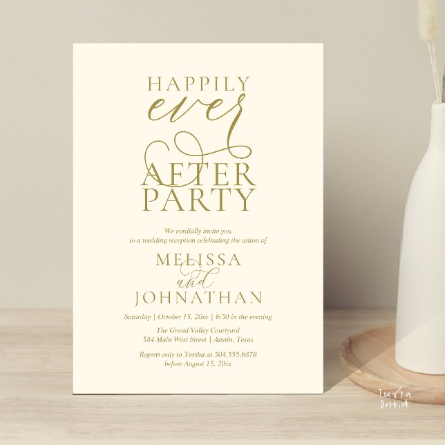Happily Ever After Party, Classy Wedding Reception Invitation (Happily Ever After Party, Classy Wedding Reception Modern Dinner Invitation Card PDF Yellow Gold)