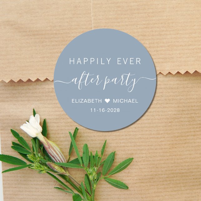 Happily Ever After Party Dusty Blue Wedding Classic Round Sticker (Creator Uploaded)