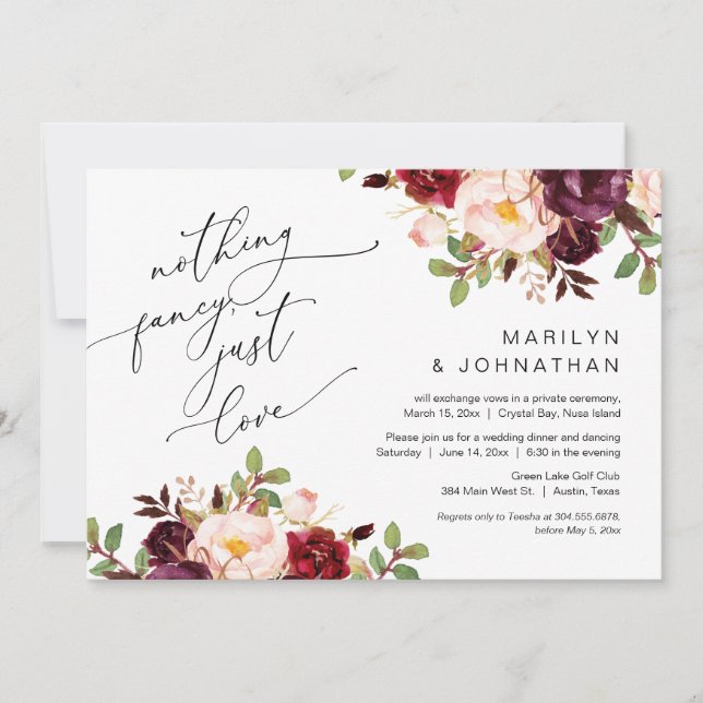 Happily Ever After Party, Elopement, Burgundy Invitation (Front)