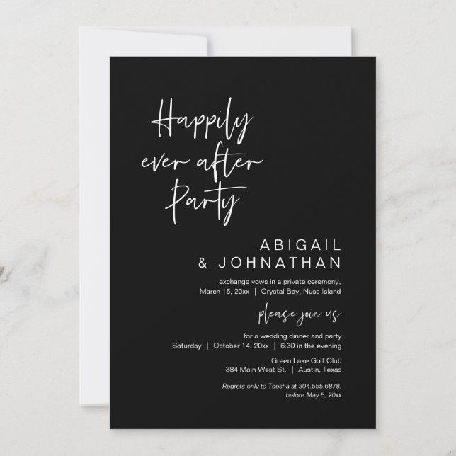 Happily Ever After Party, Elopement, Classy Black Invitation (Front)