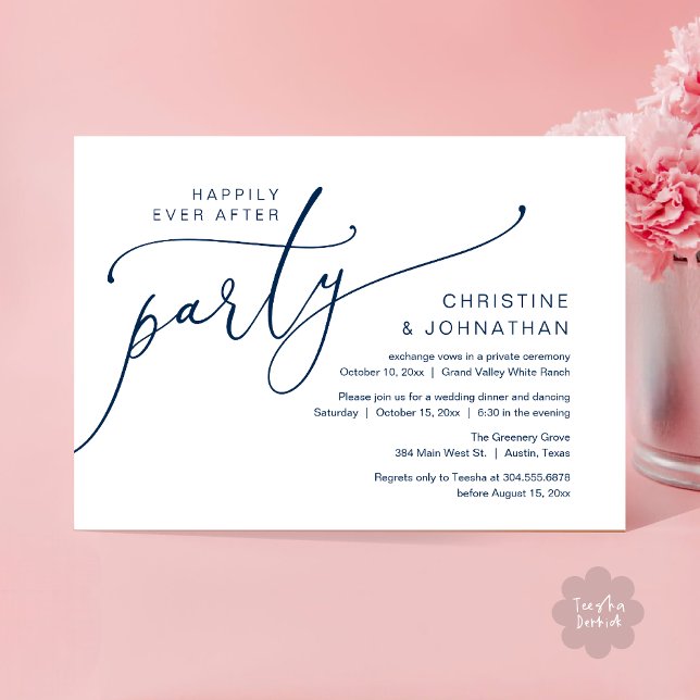 Happily Ever After Party, Elopement Dinner Dancing Invitation (Happily Ever After Party, Romantic Modern Elopement Dinner Dancing Invites Card PDF Navy Blue)