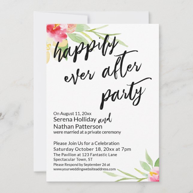 Happily Ever After Party Floral Handwriting Font Invitation (Front)