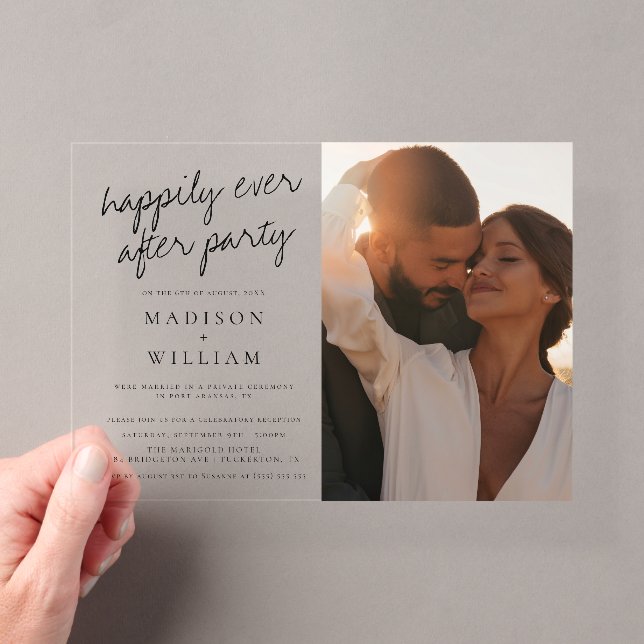 Happily Ever After Party Modern Photo Wedding Acrylic Invitations (Insitu (Handheld))