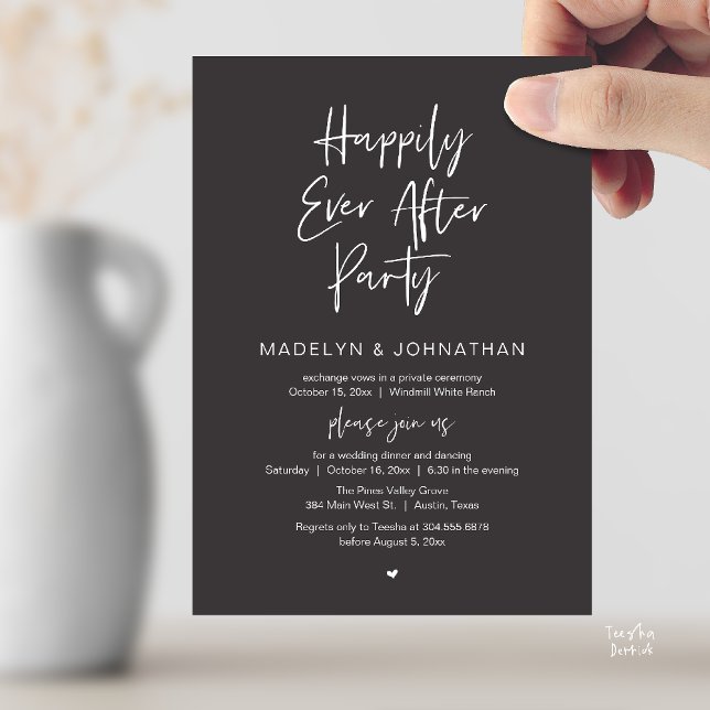 Happily Ever After Party, Modern Wedding Dinner Invitation (Happily Ever After Party, Modern Wedding Reception Dinner Invitation card in charcoal grey)
