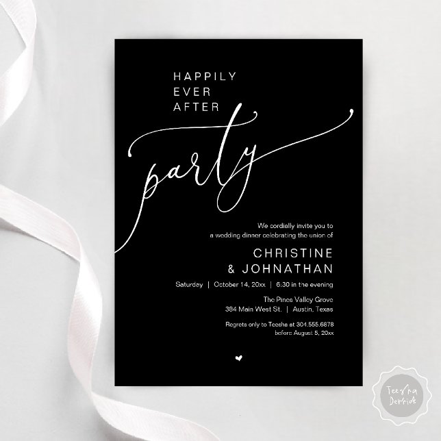 "Happily Ever After Party" Modern Wedding Dinner Invitation ("Happily Ever After Party" Modern Wedding Dinner reception Invitation card in black and white)