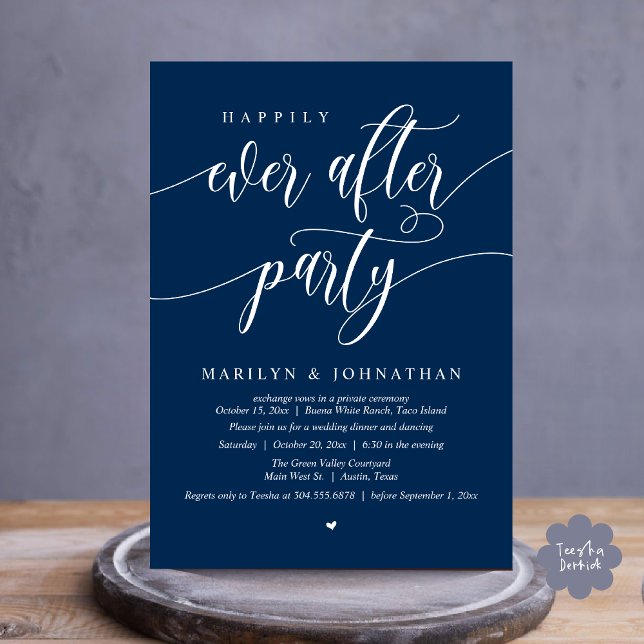 Happily Ever After Party Modern Wedding Elopement Invitation (Happily Ever After Party Modern Wedding Elopement Dinner Lunch Brunch Invites Card PDF Navy Blue)