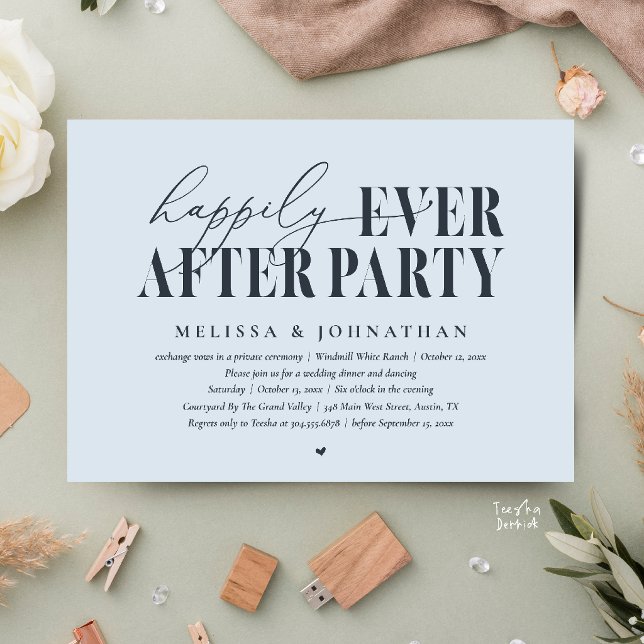 Happily Ever After Party, Modern Wedding Reception Invitation (Happily Ever After Party, Modern Wedding Reception Dinner Dancing Invitation Card in Misty Blue)