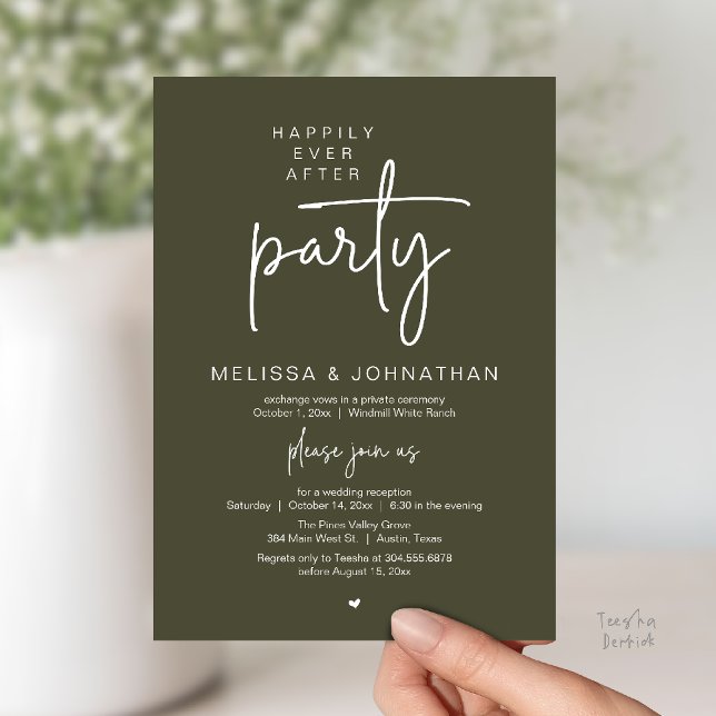 Happily Ever After Party, Modern Wedding Reception Invitation (Happily Ever After Party, Modern Wedding Reception Dinner Invitation Card in Olive Green)