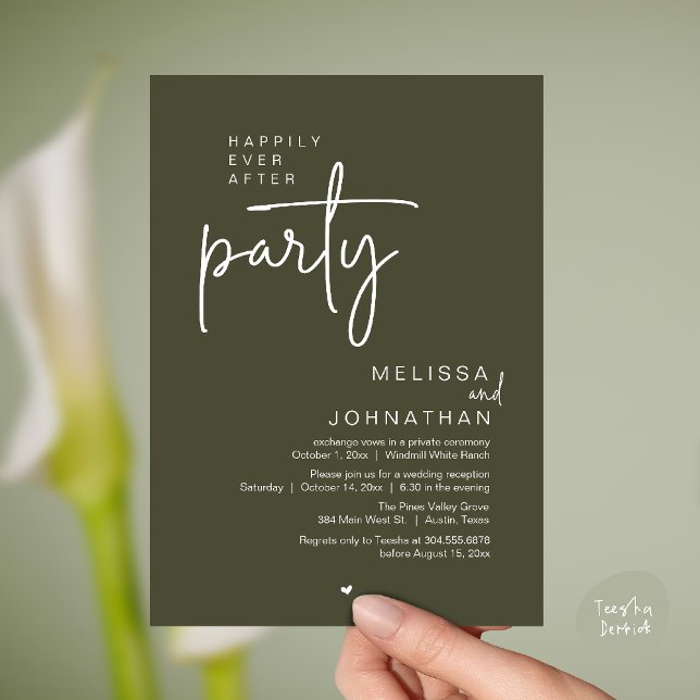 Happily Ever After Party, Modern Wedding Reception Invitation (Happily Ever After Party, Modern Wedding Reception Invitation Card in olive green)