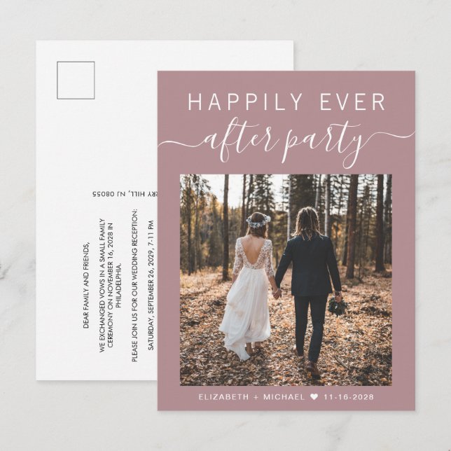 Happily Ever After Party Photo Dusty Rose Wedding Announcement Postcard (Front/Back)