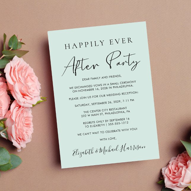 Happily Ever After Party Photo Mint Reception Announcement (From private vows to a grand happily ever after party - celebrate with family and friends)