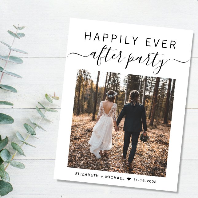 Happily Ever After Party Photo QR Code Wedding Announcement Postcard (An chic Happily Ever After Party postcard invitation for your wedding celebration)