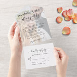 Happily Ever After Party Photo Wedding Reception All In One Invitation<br><div class="desc">Elegant small wedding or elopement announcement and wedding reception all in one invitation. Your wedding day photo is overlayed with "Happily Ever After Party" written in simple modern typography and a chic script with swashes. Customize your wedding announcement and reception invitation. A tear away RSVP postcard provides a convenient and...</div>