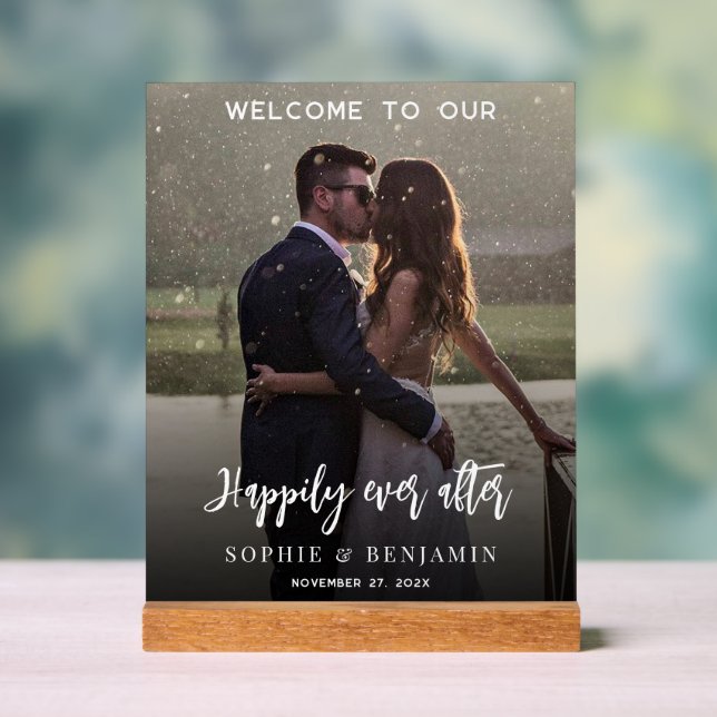 Happily Ever After Party Photo Wedding Welcome Acrylic Sign (Neutral)