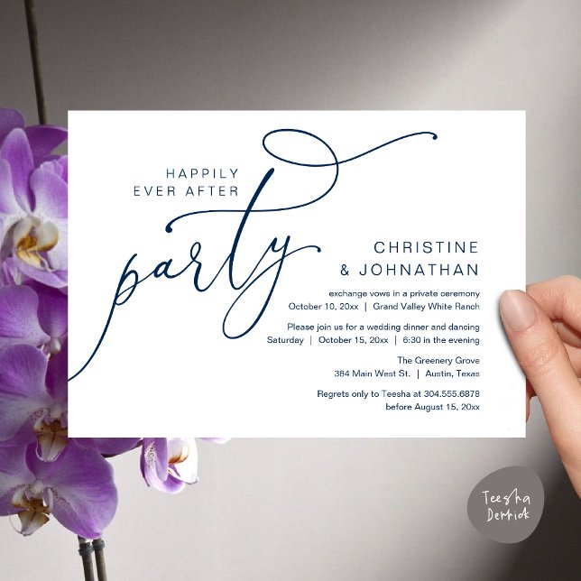 Happily Ever After Party, Romantic Dinner Dancing Invitation (Happily Ever After Party, Romantic Modern Elopement Dinner Dancing Invites Card PDF Navy Blue)