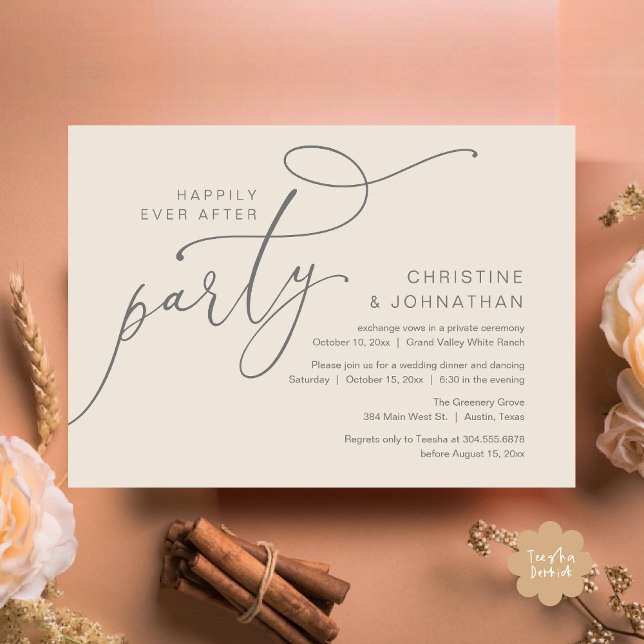 Happily Ever After Party, Romantic Dinner Dancing Invitation (Happily Ever After Party, Romantic Modern Elopement Dinner Dancing Invites Card PDF Cream Grey)