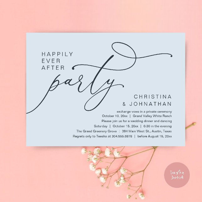 Happily Ever After Party, Romantic Wedding Dinner Invitation (Happily Ever After Party, Romantic Wedding Dinner Invitation card in misty blue)