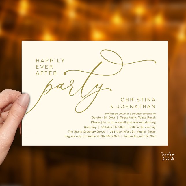 Happily Ever After Party, Romantic Wedding Dinner Invitation (Happily Ever After Party, Romantic Wedding Dinner Invitation card in yellow cream and gold)