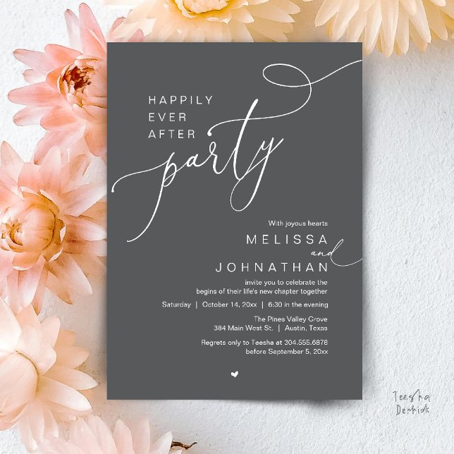 Happily Ever After Party, Romantic Wedding Dinner Invitation (Happily Ever After Party, Romantic Wedding Reception Dinner Invitation Card in Dark Grey)