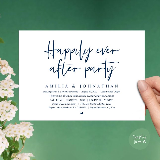 Happily Ever After Party, Romantic Wedding Dinner Invitation (Happily Ever After Party, After the wedding celebration Romantic Dinner Invites Card PDF Navy Blue)