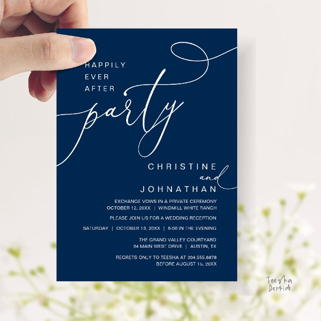 Happily Ever After Party Romantic Weds Reception Invitation (Happily Ever After Party Romantic Weds Reception Invitation Card in Navy Blue)