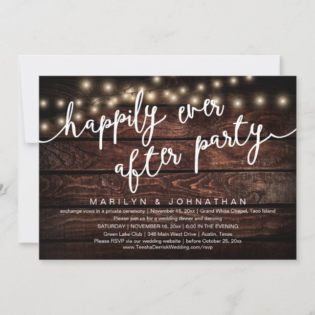 Happily Ever After Party, Rustic Wedding Dinner Invitation (Front)