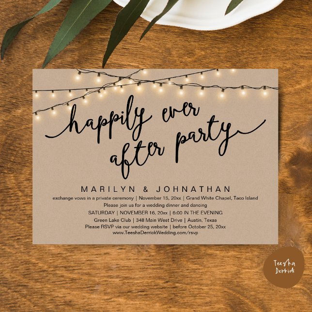 Happily Ever After Party, Rustic Wedding Dinner Invitation (Happily Ever After Party, Rustic Wedding Dinner Dancing Invitation Card, PDF, Brown Wood Background)