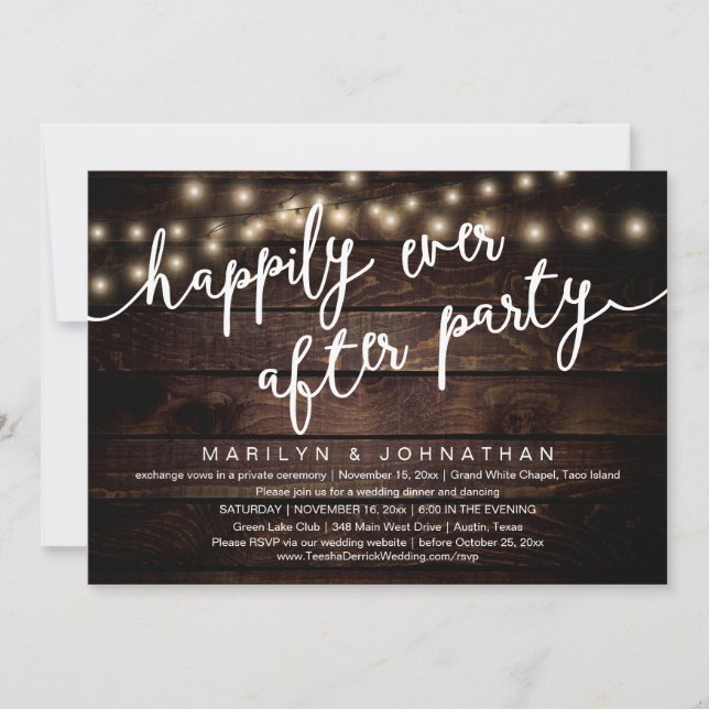 Happily Ever After Party, Rustic Wedding Dinner Invitation (Front)