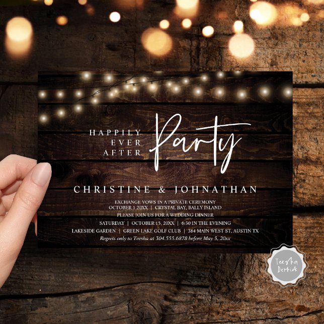 Happily Ever After party,  String Lights Elopement Invitation (Happily Ever After party, String Lights Brown dark wood, Wedding Elopement Invitation Cards)