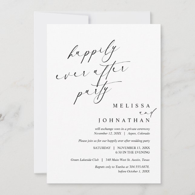 Happily Ever After Party, Wedding Elopement Dinner Invitation (Front)