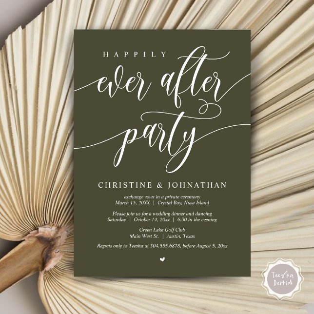 Happily Ever After Party, Wedding Elopement Dinner Invitation (Happily Ever After Party, Wedding Elopement Dinner Invitation Card, PDF, in Olive Green)