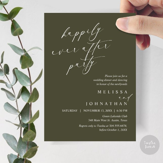 Happily Ever After Party, Wedding Elopement Dinner Invitation (Happily Ever After Party, Wedding Elopement Dinner Invitation Card, PDF, in Olive Green)