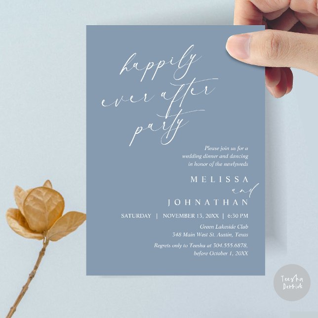 Happily Ever After Party, Wedding Elopement Dinner Invitation (Happily Ever After Party, Wedding Elopement Dinner Invitation Card, PDF, in Dusty Blue)